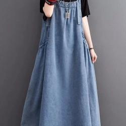 Denim Suspender Long Skirt Loose Casual Punk Vintage Style
