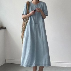 Fashion Style Denim Dress For Women O-Neck Short Sleeve