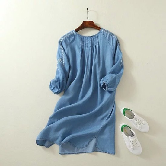 Ethnic Embroidery Denim Dresses Wrist Sleeve O-Neck Casual Ethnic Embroidery Denim Dresses Wrist Sleeve O-Neck Casual