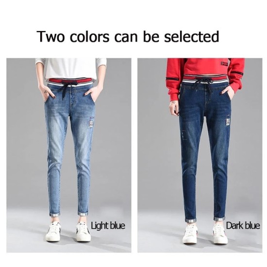 Stretch denim elastic patch cuff pencil jeans Stretch denim elastic patch cuff pencil jeans