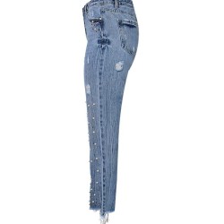 Jeans Denim Pants High Waist Slim Straight Pearl Tassel Washed Cowboy