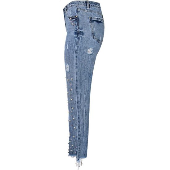 Jeans Denim Pants High Waist Slim Straight Pearl Tassel Washed Cowboy Jeans Denim Pants High Waist Slim Straight Pearl Tassel Washed Cowboy