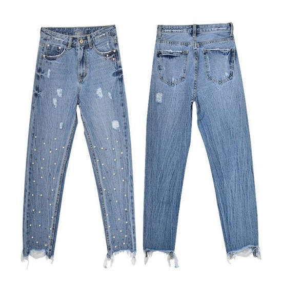 Jeans Denim Pants High Waist Slim Straight Pearl Tassel Washed Cowboy Jeans Denim Pants High Waist Slim Straight Pearl Tassel Washed Cowboy