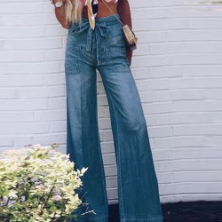 Wide Leg Jeans Woman Plus Size Lace-up Washed Pants Loose Cotton Casual