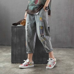 Fashion Brand Style Vintage Hole Embroidery Ankle-length Denim Jeans