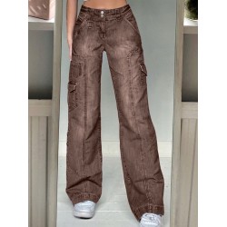 Jeans Streetwear High Waist Jeans Wide Leg Pockets Patchwork Baggy Cargo