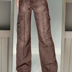 Jeans Streetwear High Waist Jeans Wide Leg Pockets Patchwork Baggy Cargo
