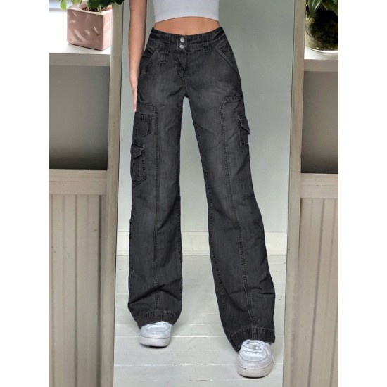 Jeans Streetwear High Waist Jeans Wide Leg Pockets Patchwork Baggy Cargo Jeans Streetwear High Waist Jeans Wide Leg Pockets Patchwork Baggy Cargo