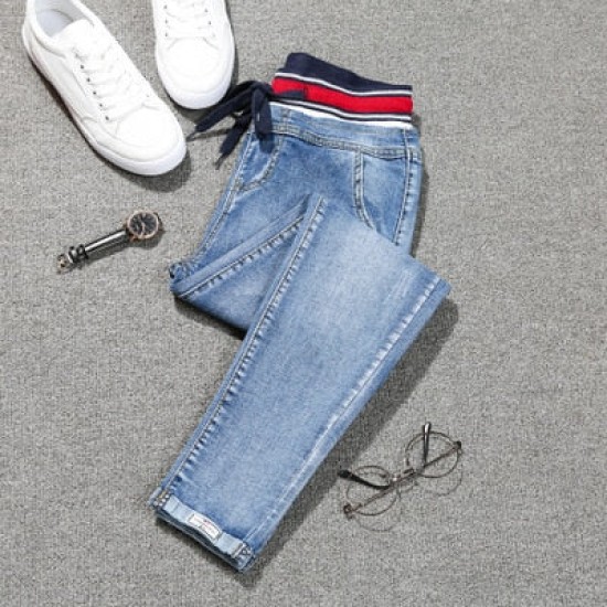 Stretch denim elastic patch cuff pencil jeans Stretch denim elastic patch cuff pencil jeans