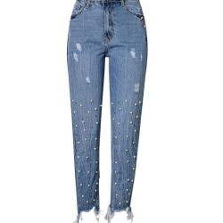Jeans Denim Pants High Waist Slim Straight Pearl Tassel Washed Cowboy