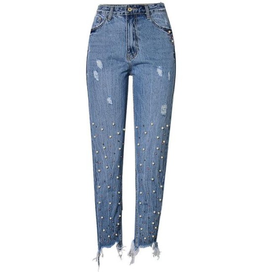 Jeans Denim Pants High Waist Slim Straight Pearl Tassel Washed Cowboy Jeans Denim Pants High Waist Slim Straight Pearl Tassel Washed Cowboy
