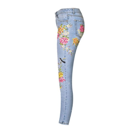 Fashion Floral Embroidery Denim High Waist Straight Vintage Ripped Slim Jean