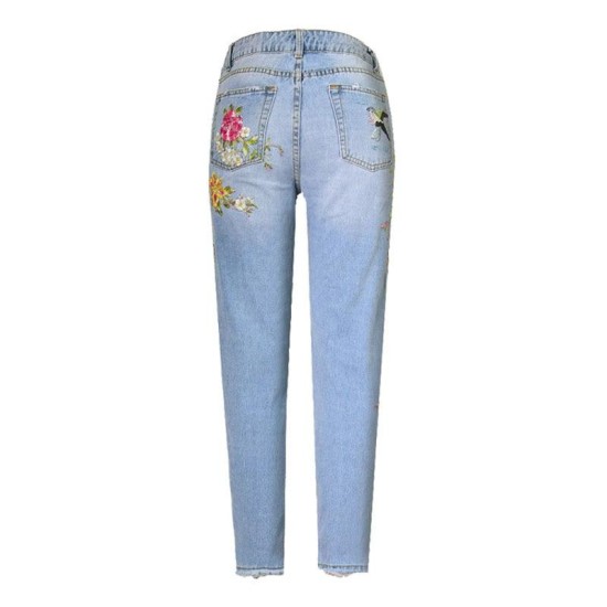 Fashion Floral Embroidery Denim High Waist Straight Vintage Ripped Slim Jean