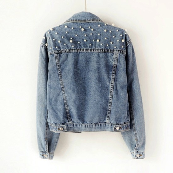 Fashion Women’s Denim Jacket Full Sleeve Loose Button Pearls Short Fashion Women’s Denim Jacket Full Sleeve Loose Button Pearls Short