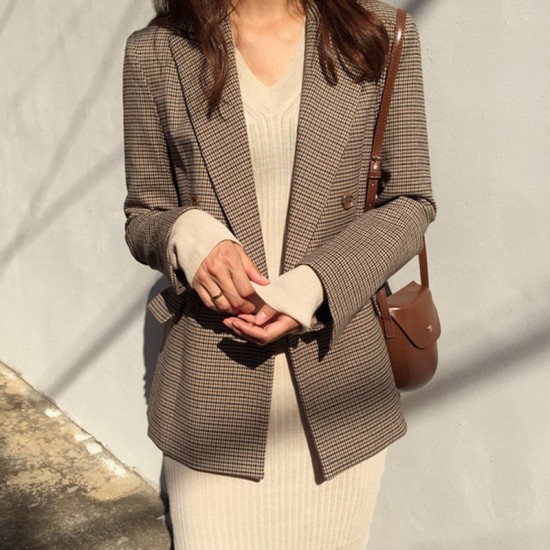 Vintage Double Breasted Office Ladies Plaid Blazer Vintage Double Breasted Office Ladies Plaid Blazer