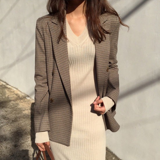 Vintage Double Breasted Office Ladies Plaid Blazer Vintage Double Breasted Office Ladies Plaid Blazer