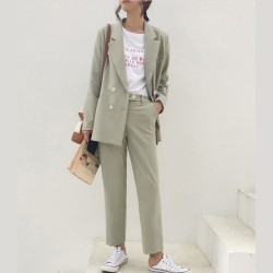 Vintage Double Breasted Pant Suit Light Green Notched Blazer & High Waist Pant