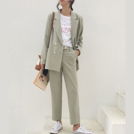 Vintage Double Breasted Pant Suit Light Green Notched Blazer & High Waist Pant Vintage Double Breasted Pant Suit Light Green Notched Blazer & High Waist Pant