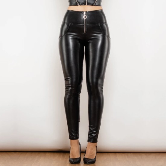 High Waist Shiny Black Ring Zipper PU Leather Pants Elastic Push Up High Waist Shiny Black Ring Zipper PU Leather Pants Elastic Push Up