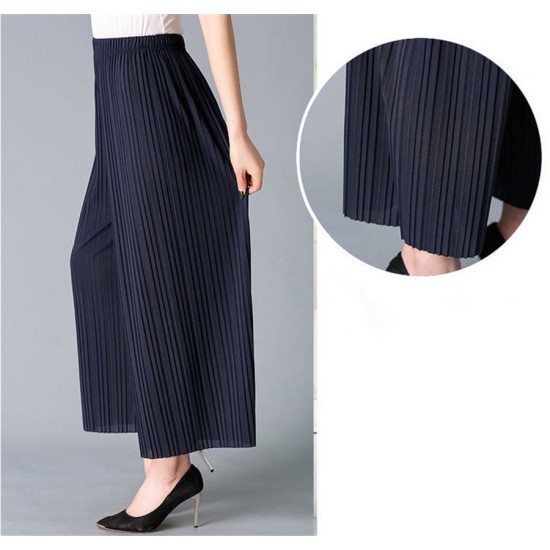 High Wide Leg Pants Elastic Waist Pleated Calf-Length Pants Casual High Wide Leg Pants Elastic Waist Pleated Calf-Length Pants Casual