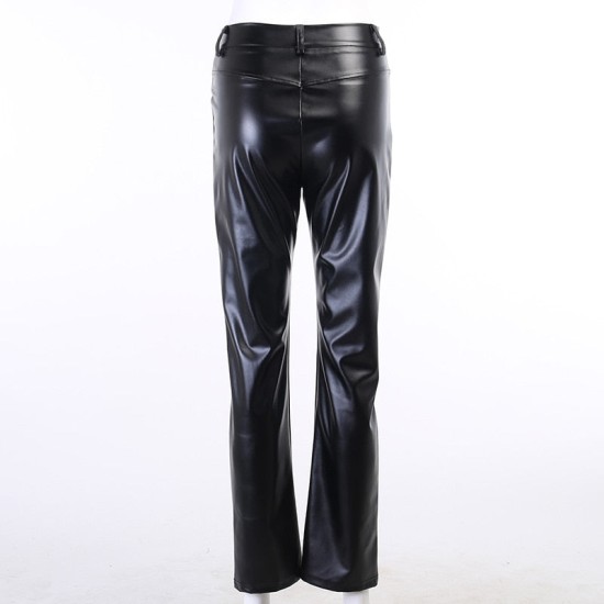 Faux Leather Pant Pockets Straight Pant Trousers Elegant High Waist Office Faux Leather Pant Pockets Straight Pant Trousers Elegant High Waist Office