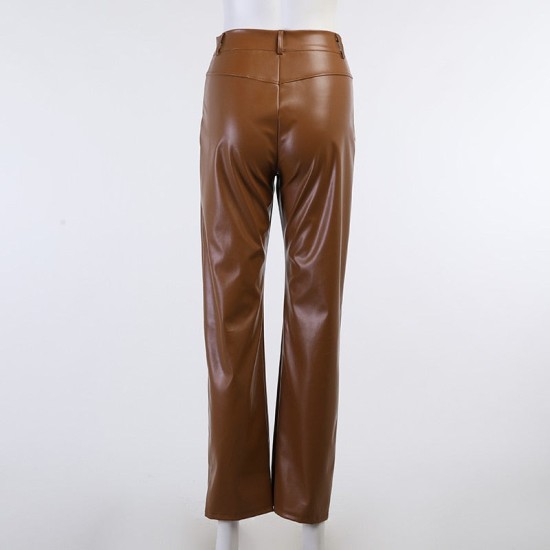 Faux Leather Pant Pockets Straight Pant Trousers Elegant High Waist Office Faux Leather Pant Pockets Straight Pant Trousers Elegant High Waist Office