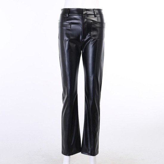 Faux Leather Pant Pockets Straight Pant Trousers Elegant High Waist Office Faux Leather Pant Pockets Straight Pant Trousers Elegant High Waist Office