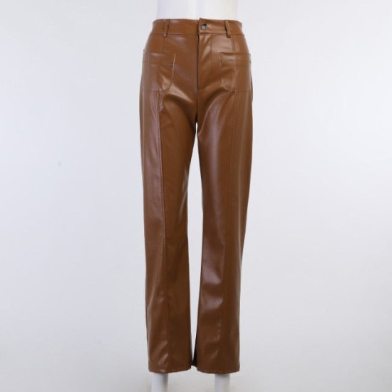 Faux Leather Pant Pockets Straight Pant Trousers Elegant High Waist Office Faux Leather Pant Pockets Straight Pant Trousers Elegant High Waist Office