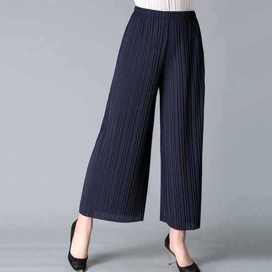 High Wide Leg Pants Elastic Waist Pleated Calf-Length Pants Casual High Wide Leg Pants Elastic Waist Pleated Calf-Length Pants Casual