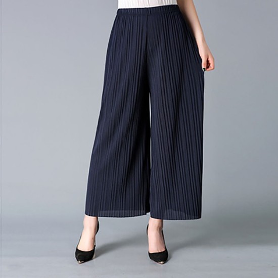 High Wide Leg Pants Elastic Waist Pleated Calf-Length Pants Casual High Wide Leg Pants Elastic Waist Pleated Calf-Length Pants Casual