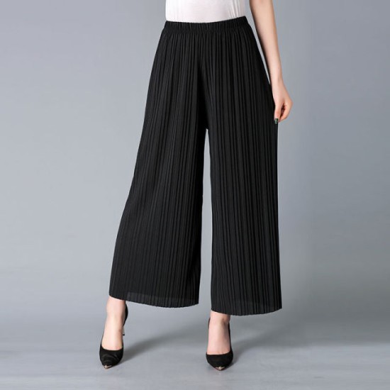 High Wide Leg Pants Elastic Waist Pleated Calf-Length Pants Casual High Wide Leg Pants Elastic Waist Pleated Calf-Length Pants Casual