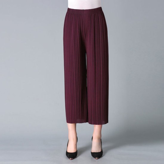 High Wide Leg Pants Elastic Waist Pleated Calf-Length Pants Casual High Wide Leg Pants Elastic Waist Pleated Calf-Length Pants Casual