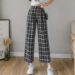 Vintage Plaid Pants Women Elastic Waist Loose Pants