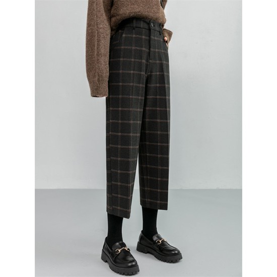 Checkered Plaid Wide Leg High Waist Straight Capris Wild Trousers Checkered Plaid Wide Leg High Waist Straight Capris Wild Trousers