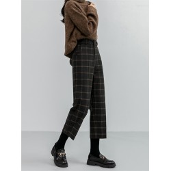 Checkered Plaid Wide Leg High Waist Straight Capris Wild Trousers