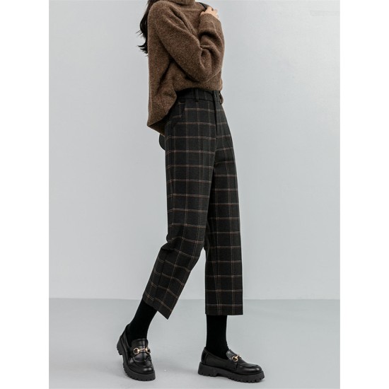 Checkered Plaid Wide Leg High Waist Straight Capris Wild Trousers Checkered Plaid Wide Leg High Waist Straight Capris Wild Trousers