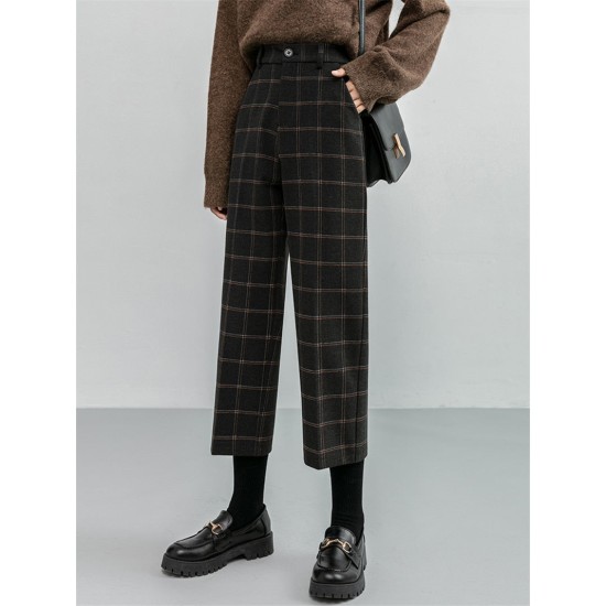 Checkered Plaid Wide Leg High Waist Straight Capris Wild Trousers Checkered Plaid Wide Leg High Waist Straight Capris Wild Trousers