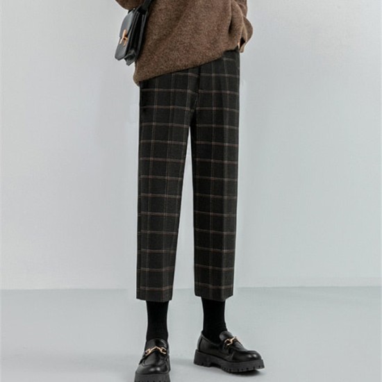 Checkered Plaid Wide Leg High Waist Straight Capris Wild Trousers Checkered Plaid Wide Leg High Waist Straight Capris Wild Trousers