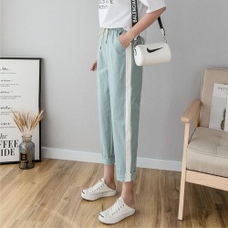 Casual Cotton Linen Ankle Length Striped Pant